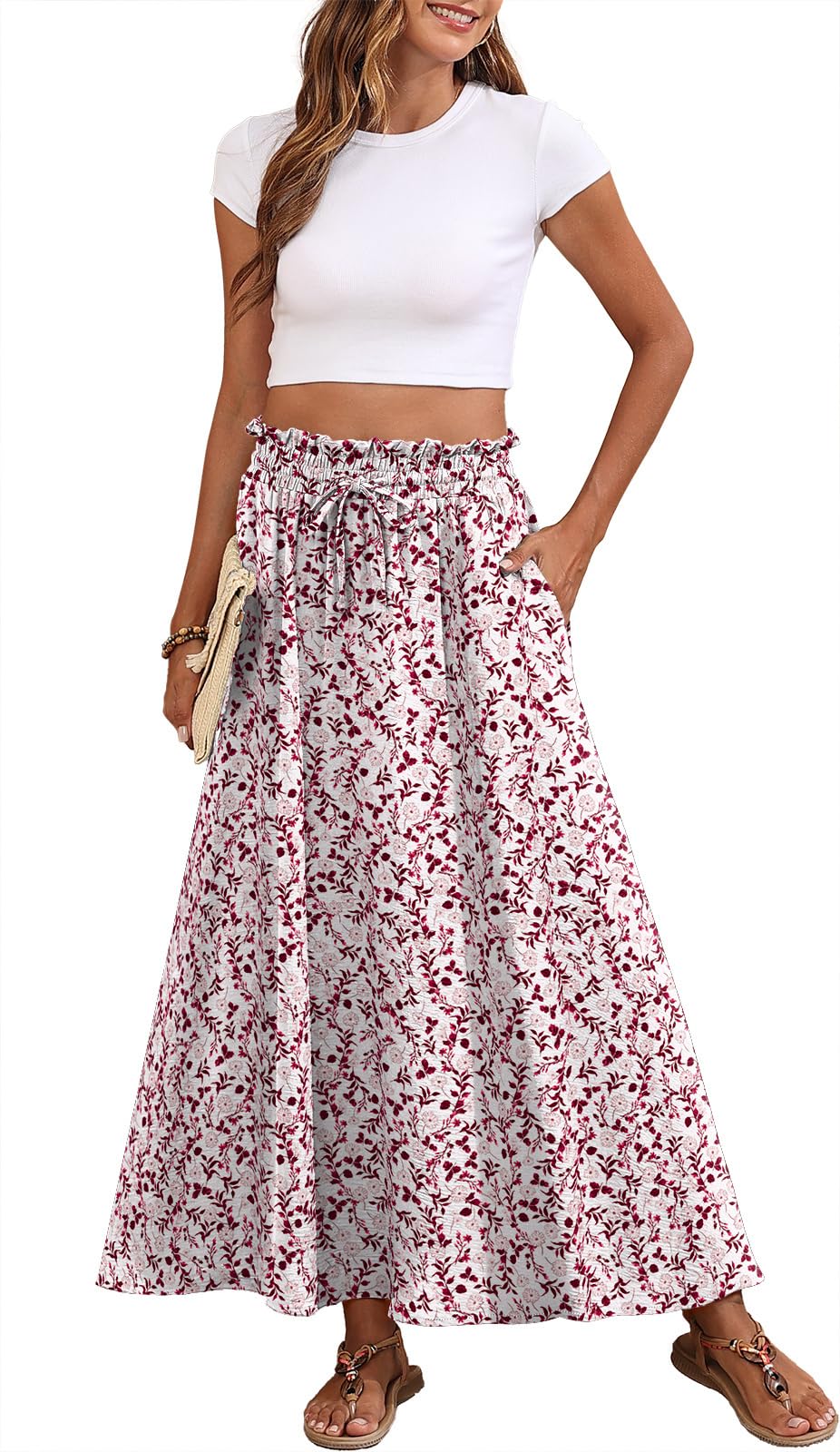 Askyes Womens Maxi Skirt Summer Tie Knot Elastic High Waisted Boho Casual Beach Flowy Swing Long Skirts with Pockets