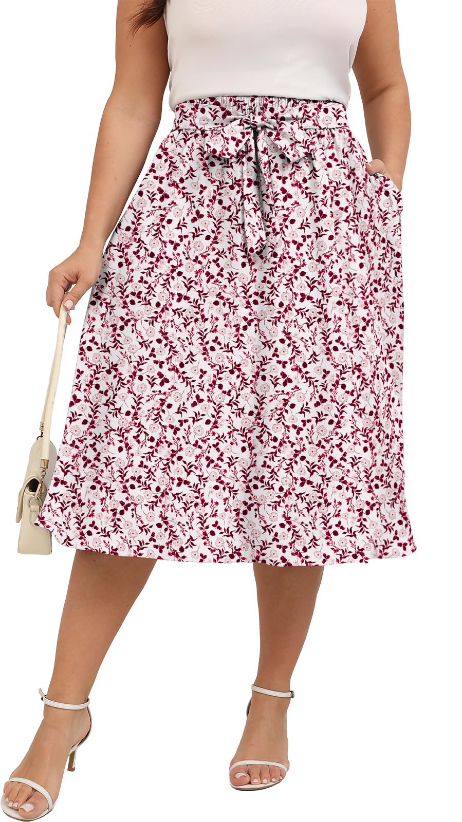Xpenyo Womens Plus Size Midi Skirts Summer Elastic High Waisted Boho Casual Beach Flowy Swing Knee Length Skirts with Pockets