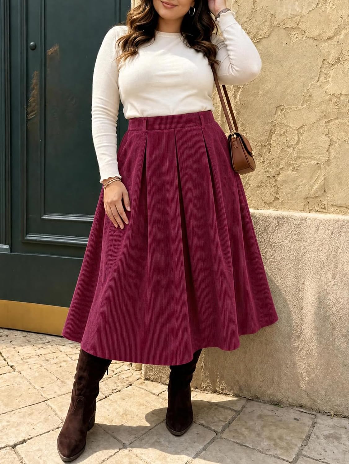 Beautife Womens Plus Size Corduroy A-Line Pleated Skirt with Pockets