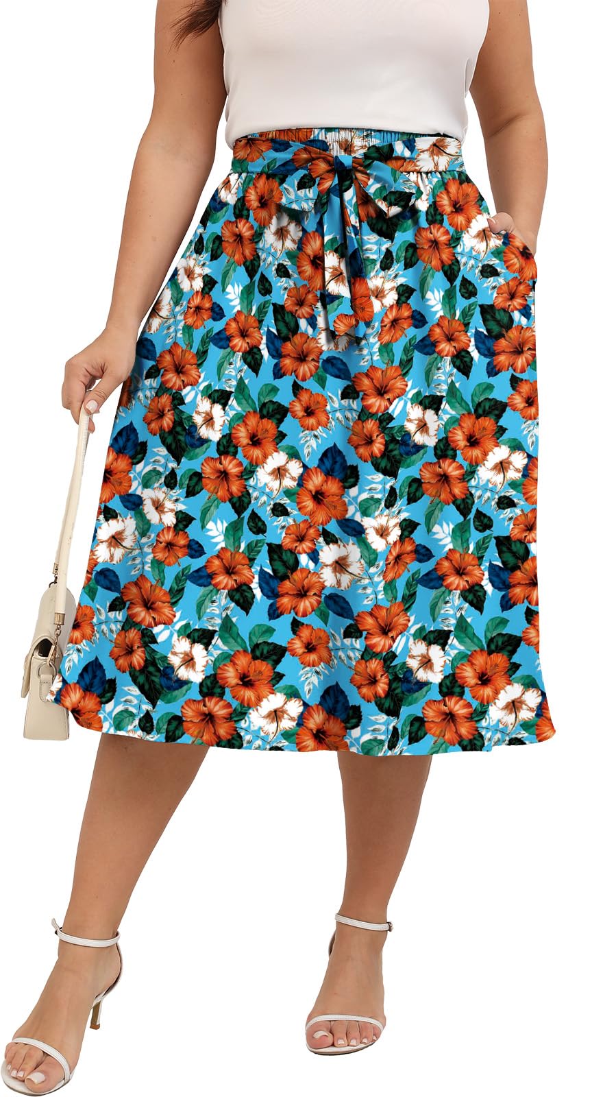 Xpenyo Womens Plus Size Midi Skirts Summer Elastic High Waisted Boho Casual Beach Flowy Swing Knee Length Skirts with Pockets