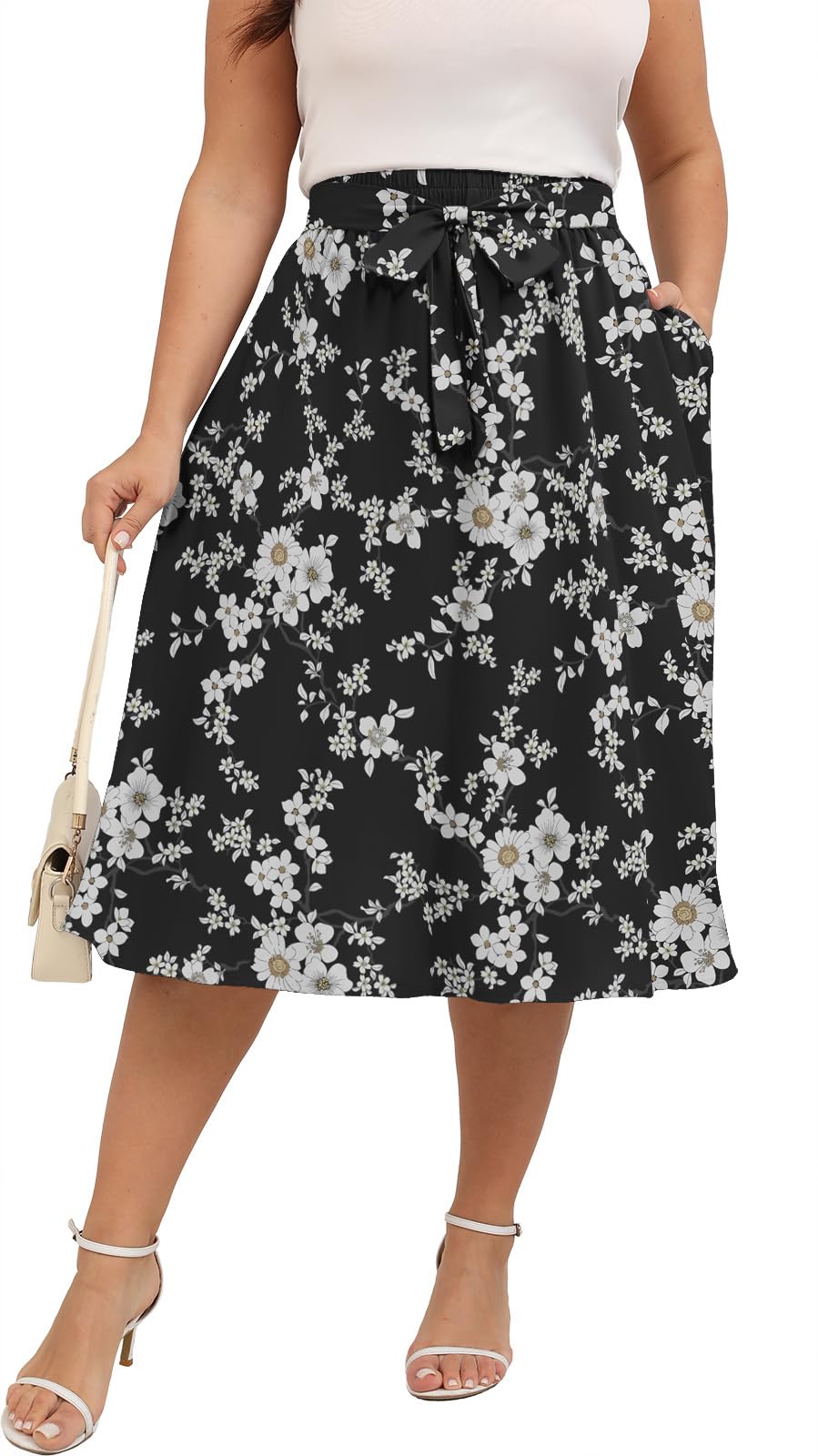 Xpenyo Womens Plus Size Midi Skirts Summer Elastic High Waisted Boho Casual Beach Flowy Swing Knee Length Skirts with Pockets