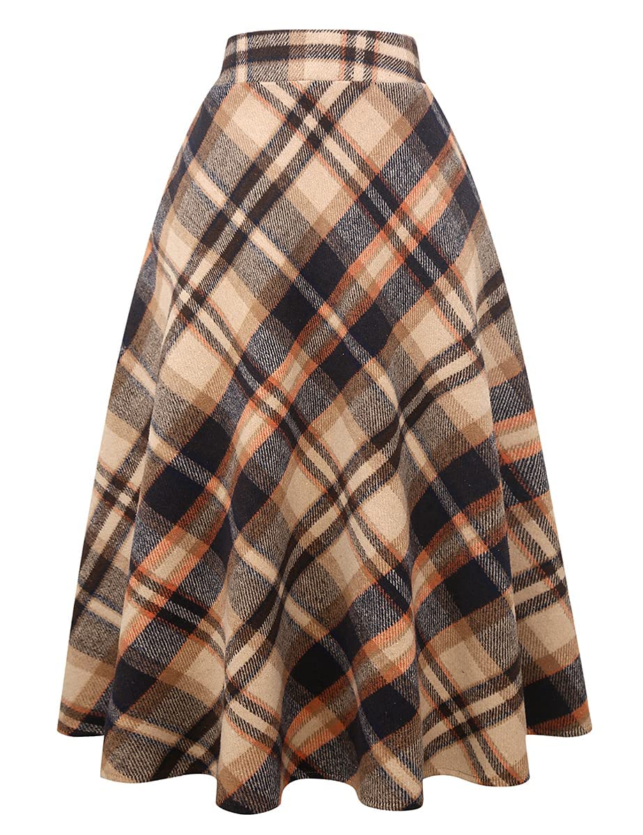 IDEALSANXUN Womens Plaid Wool Skirts Elastic Waist A-Line Pleated Tartan Long Skirts