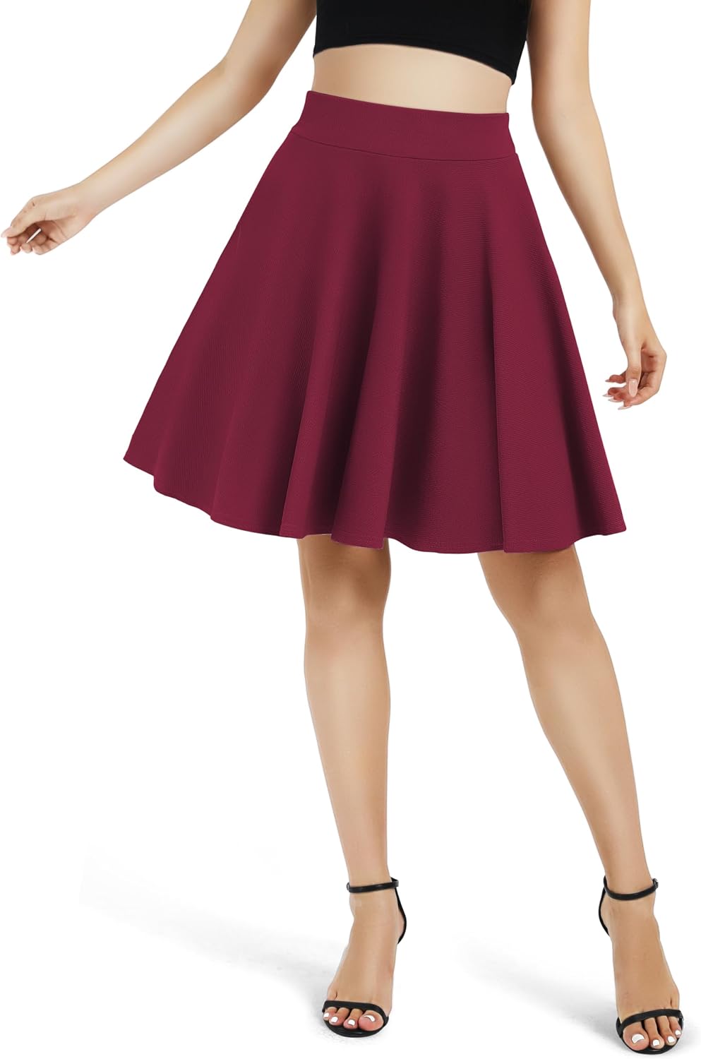 Urban CoCo Women's Basic Midi Skirt Versatile Stretchy Flared Casual High Waisted Skirt