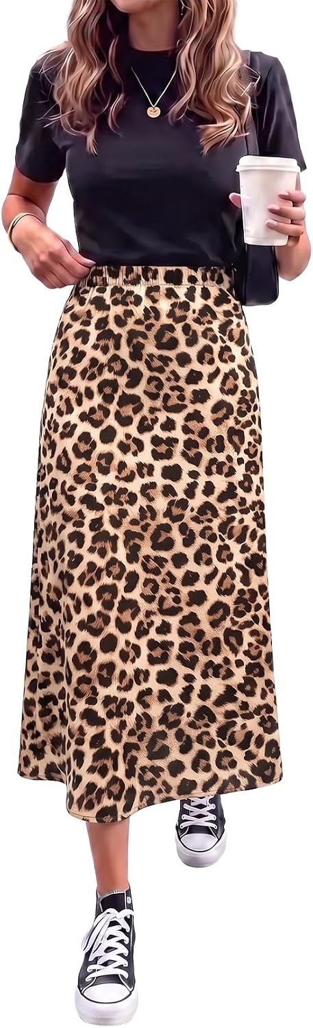 BLENCOT Women's Satin Midi Skirt Fashion Printed Elastic Waist Long Skirt
