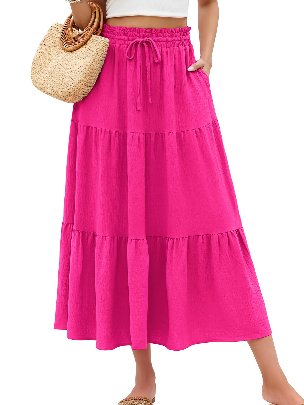 HUSKARY Women's Summer Long Maxi Flowy Tiered High Waist Trendy Ruffle Skirt with Pockets
