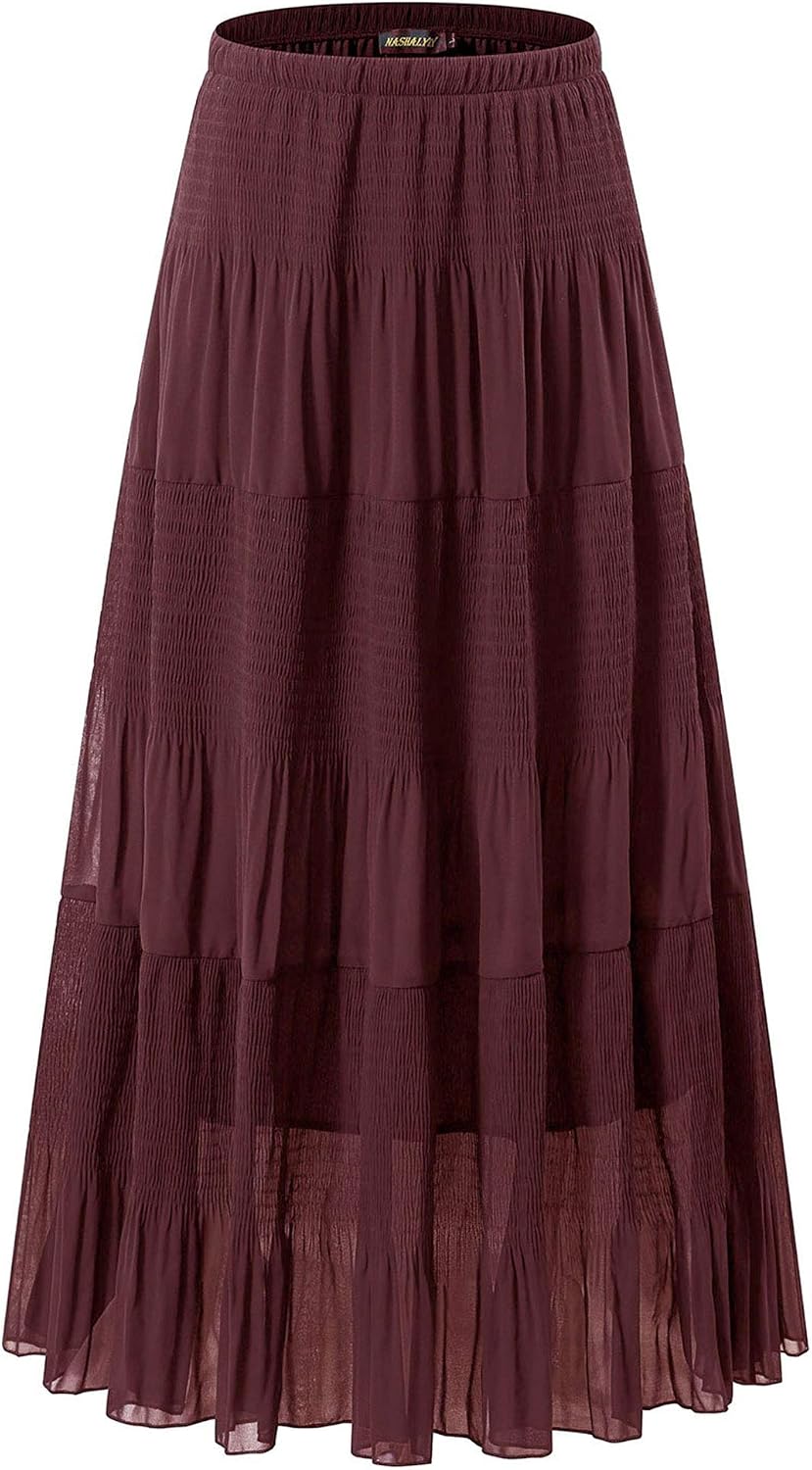 NASHALYLY Women's Chiffon Elastic High Waist Pleated A-Line Maxi Skirts