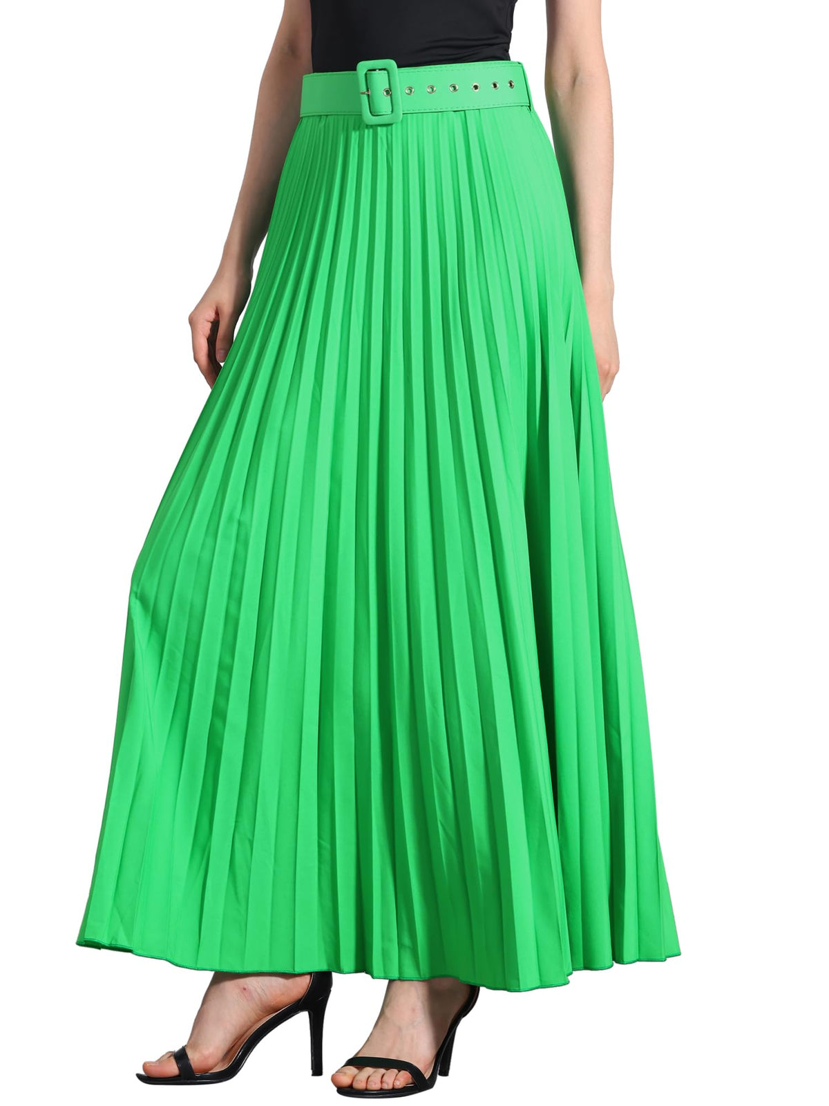 Allegra K Women High Waist Elastic Flowy A-Line Maxi Pleated Skirt