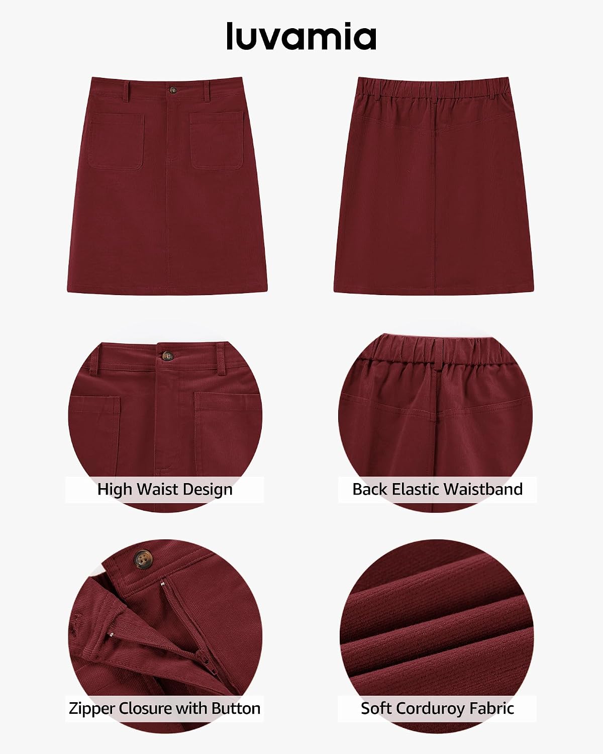 luvamia Corduroy Skirts for Women High Waisted Trendy Fall Elastic Waist Casual Stretchy Short Skirts with Patch Pockets