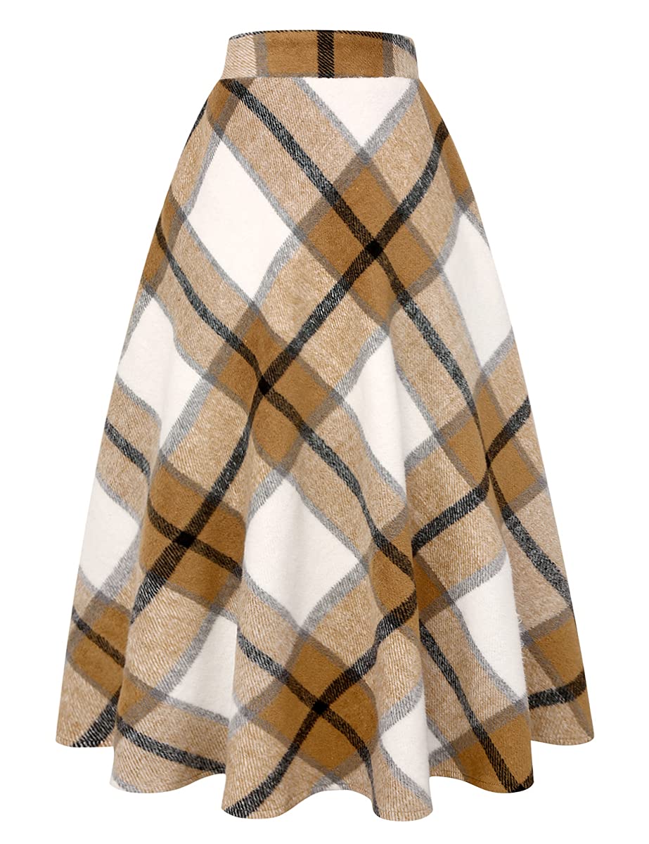 IDEALSANXUN Womens Plaid Wool Skirts Elastic Waist A-Line Pleated Tartan Long Skirts