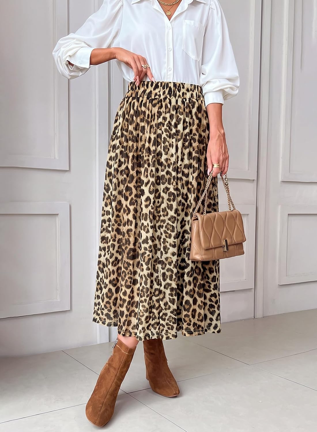 Dokotoo Fall Skirts for Women Elastic High Waist A-line Flowy Long Skirt