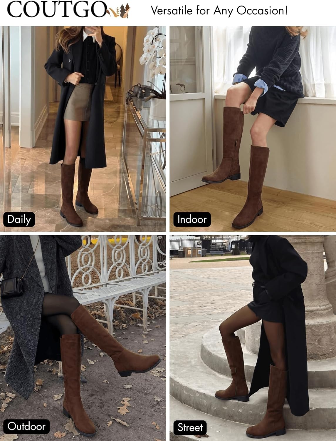 Coutgo Knee High Boots Women Flat Low Heel Round Toe Zip Riding Tall Boots
