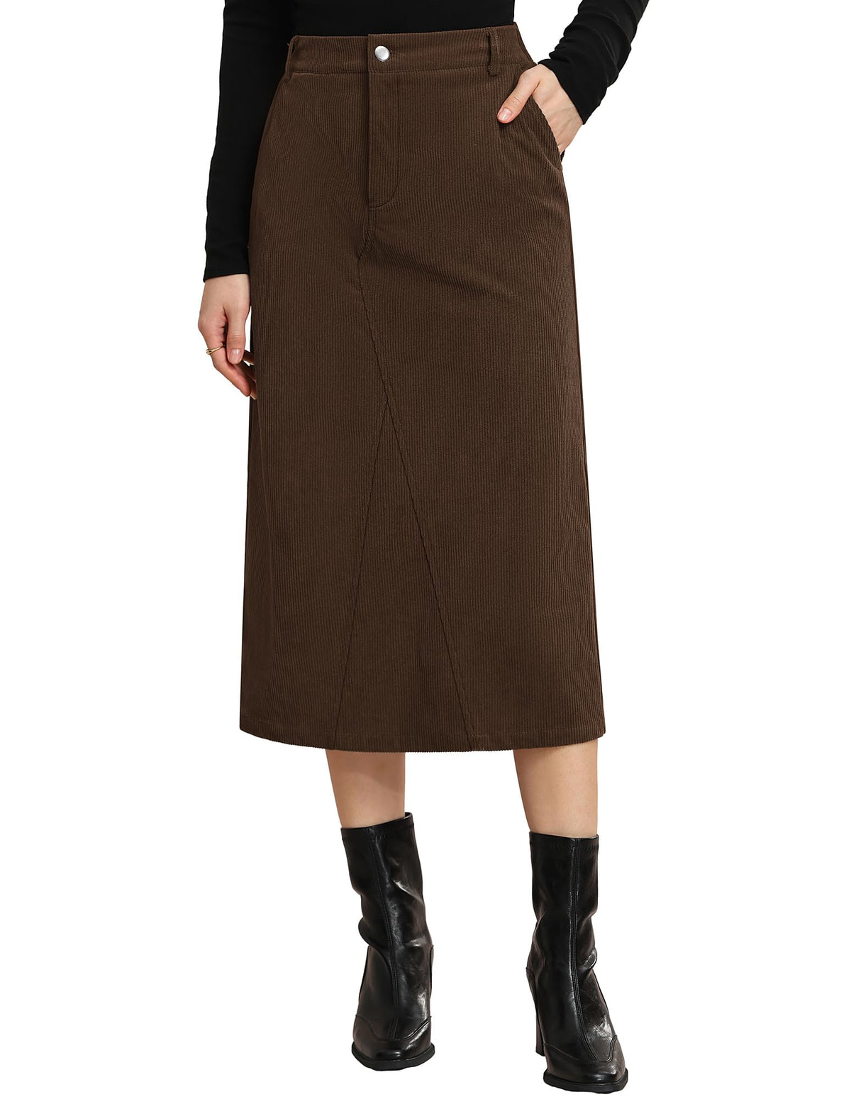 Kate Kasin Women Corduroy Midi Skirts, Fall High Waist Skirt with Pockets