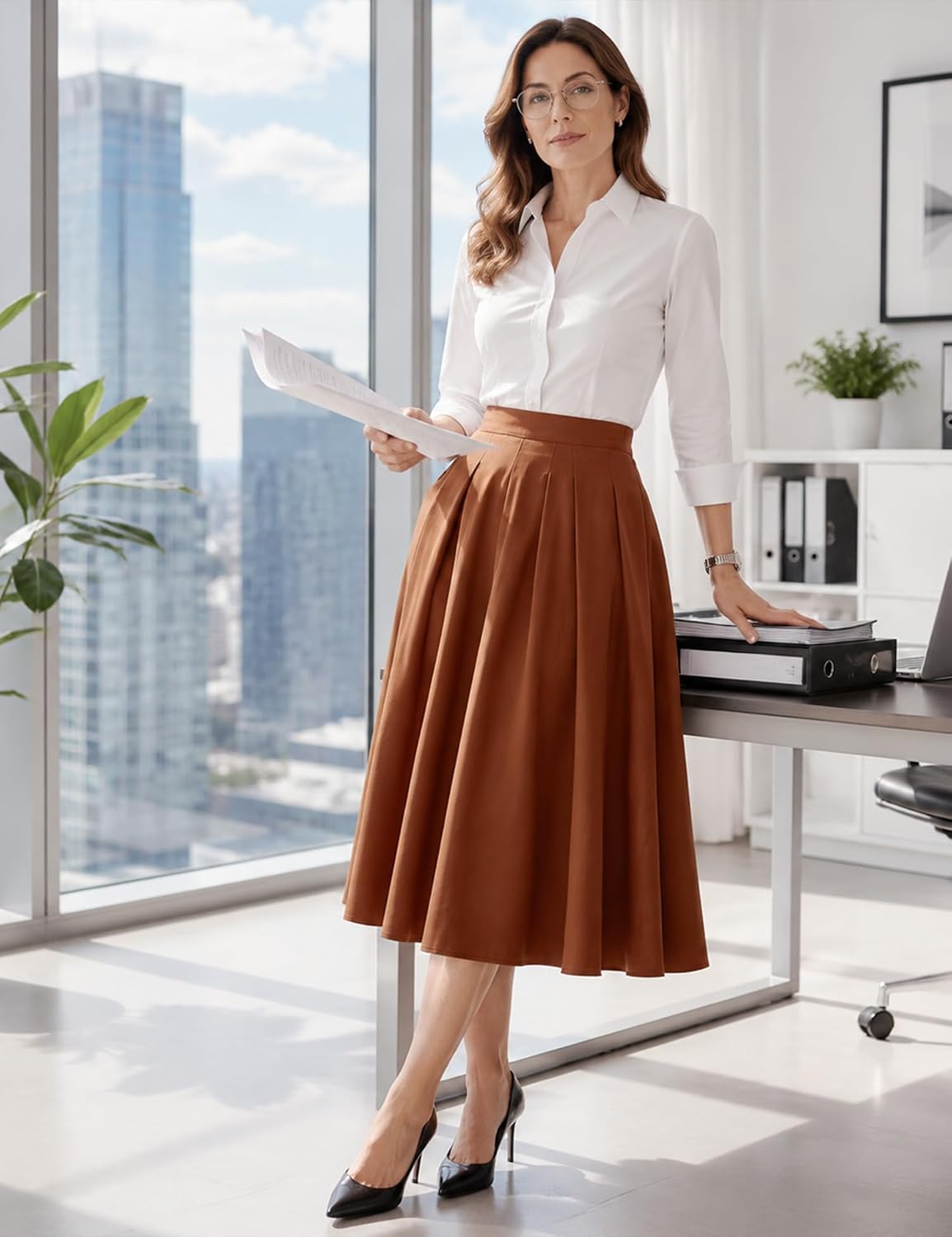 Dressystar Pleated Midi Skirts for Women Business Work with Pockets
