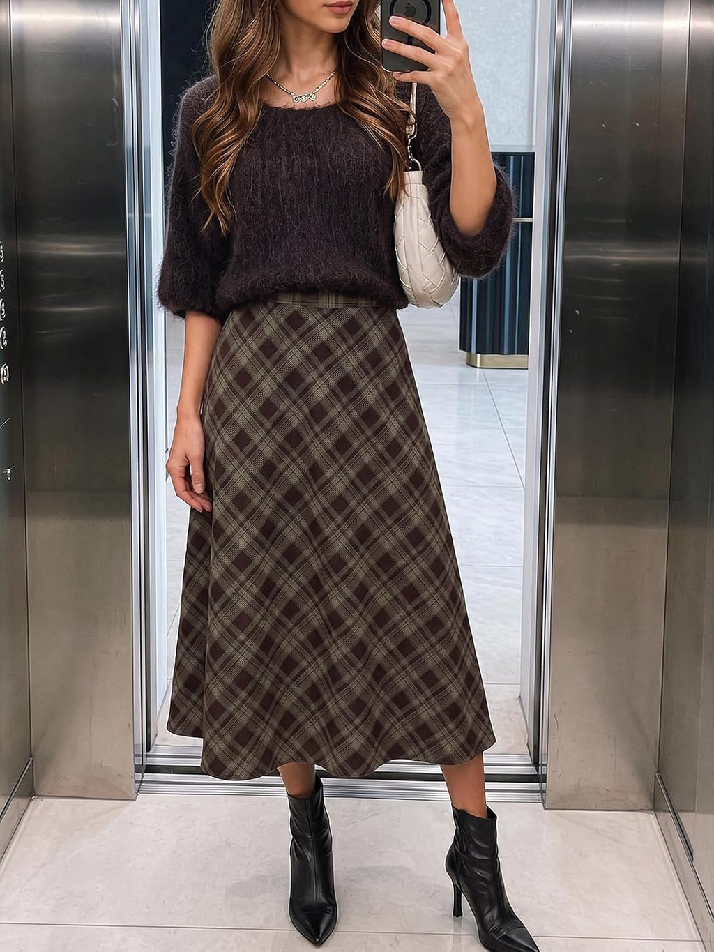 Tankaneo Womens Plaid Long Skirts Elastic Waist A-line Maxi Skirt 2026
