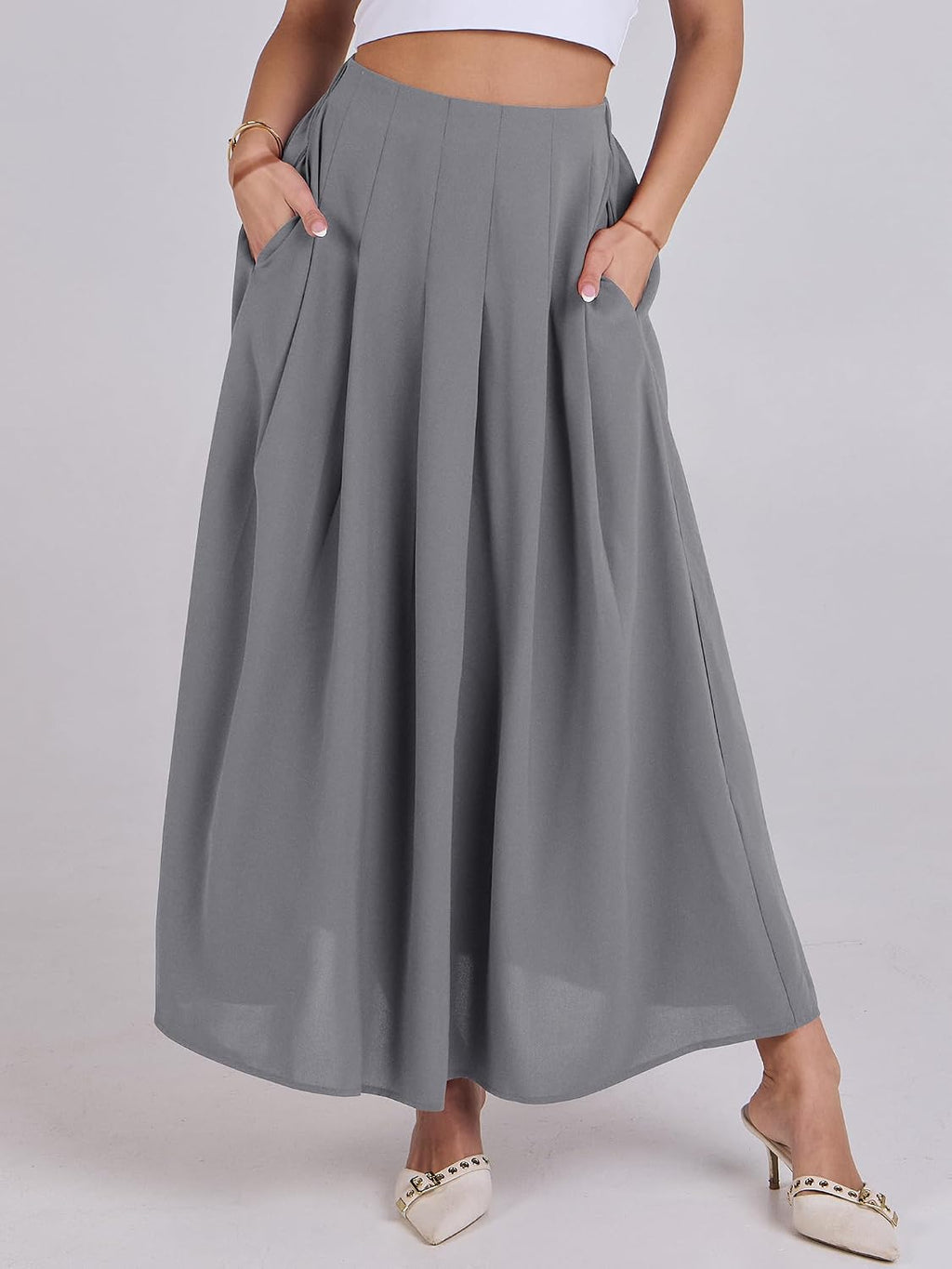 ANRABESS Womens Pleated Maxi Skirts High Waisted Ankle Length with Pockets