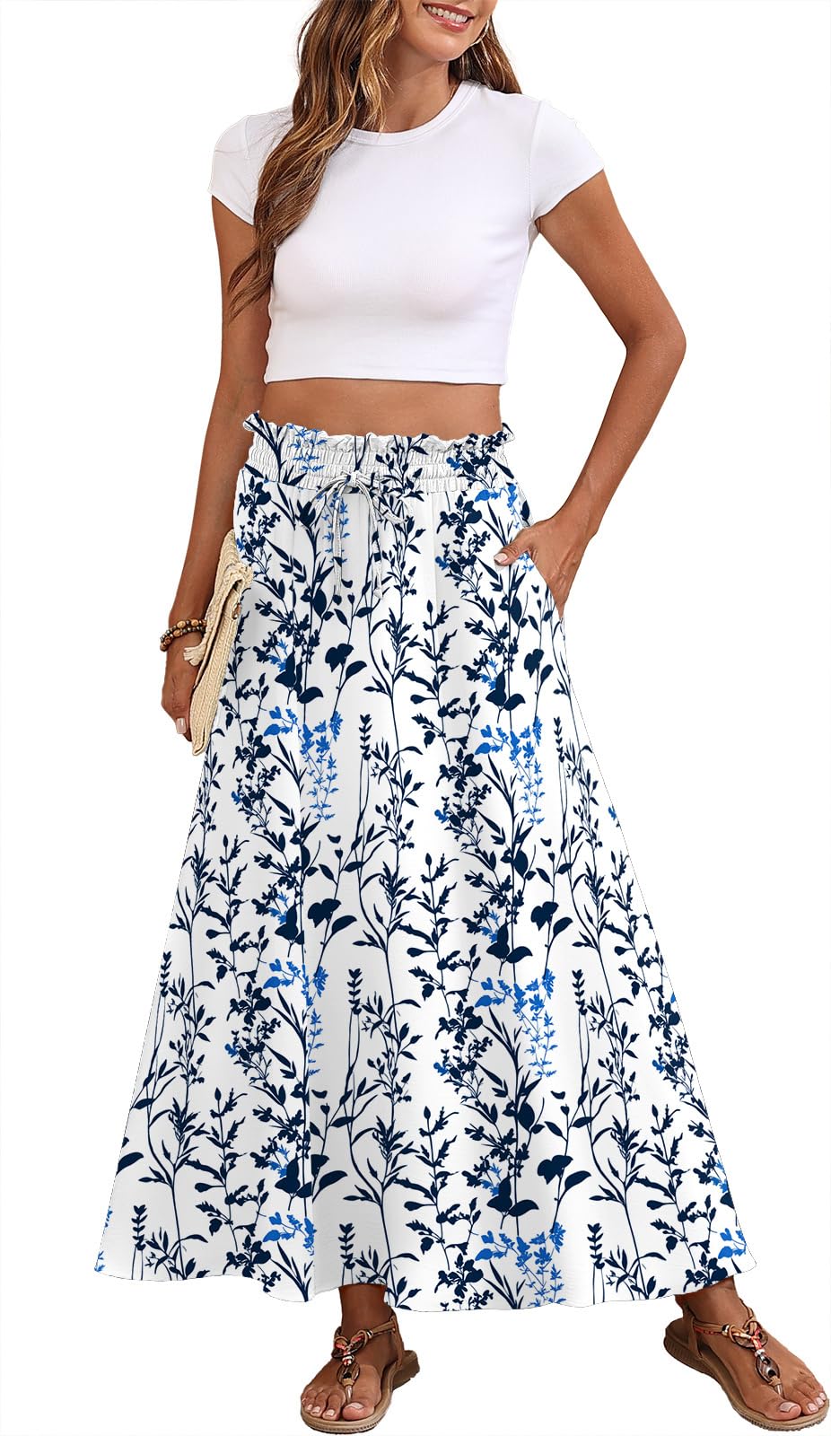 Askyes Womens Maxi Skirt Summer Tie Knot Elastic High Waisted Boho Casual Beach Flowy Swing Long Skirts with Pockets