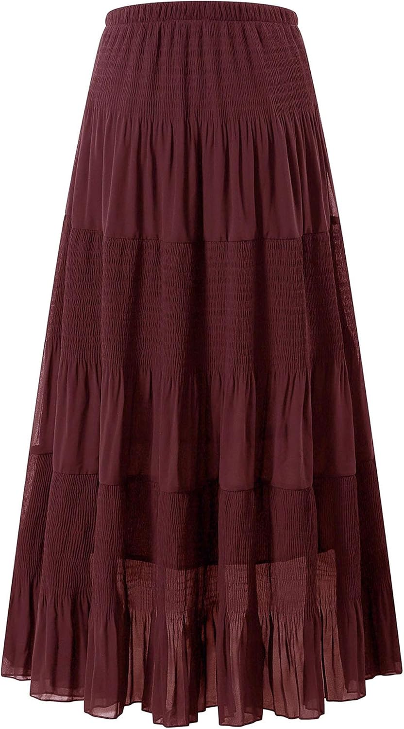 NASHALYLY Women's Chiffon Elastic High Waist Pleated A-Line Maxi Skirts