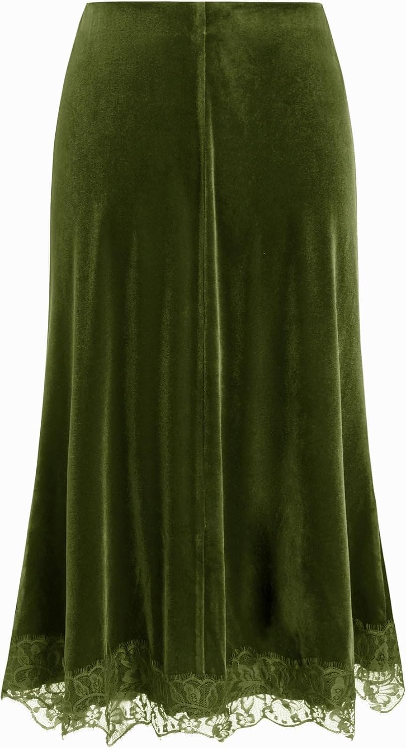 CIDER Vintage Velvet Midi Skirt for Women Lace Hem A Line Maxi Skirt