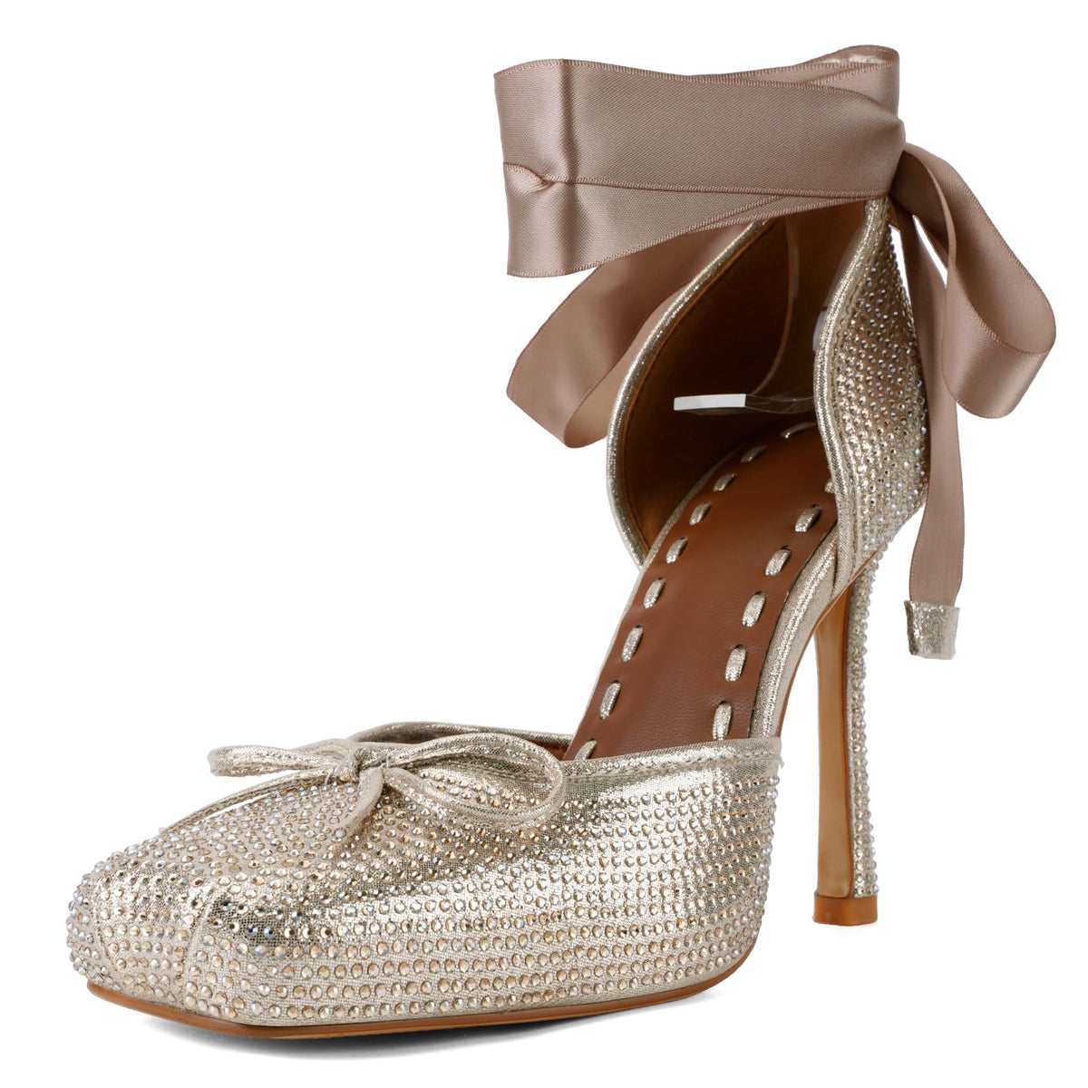 Women's Satin Ballet Heels, Lace-Up Square Toe Stiletto Pumps