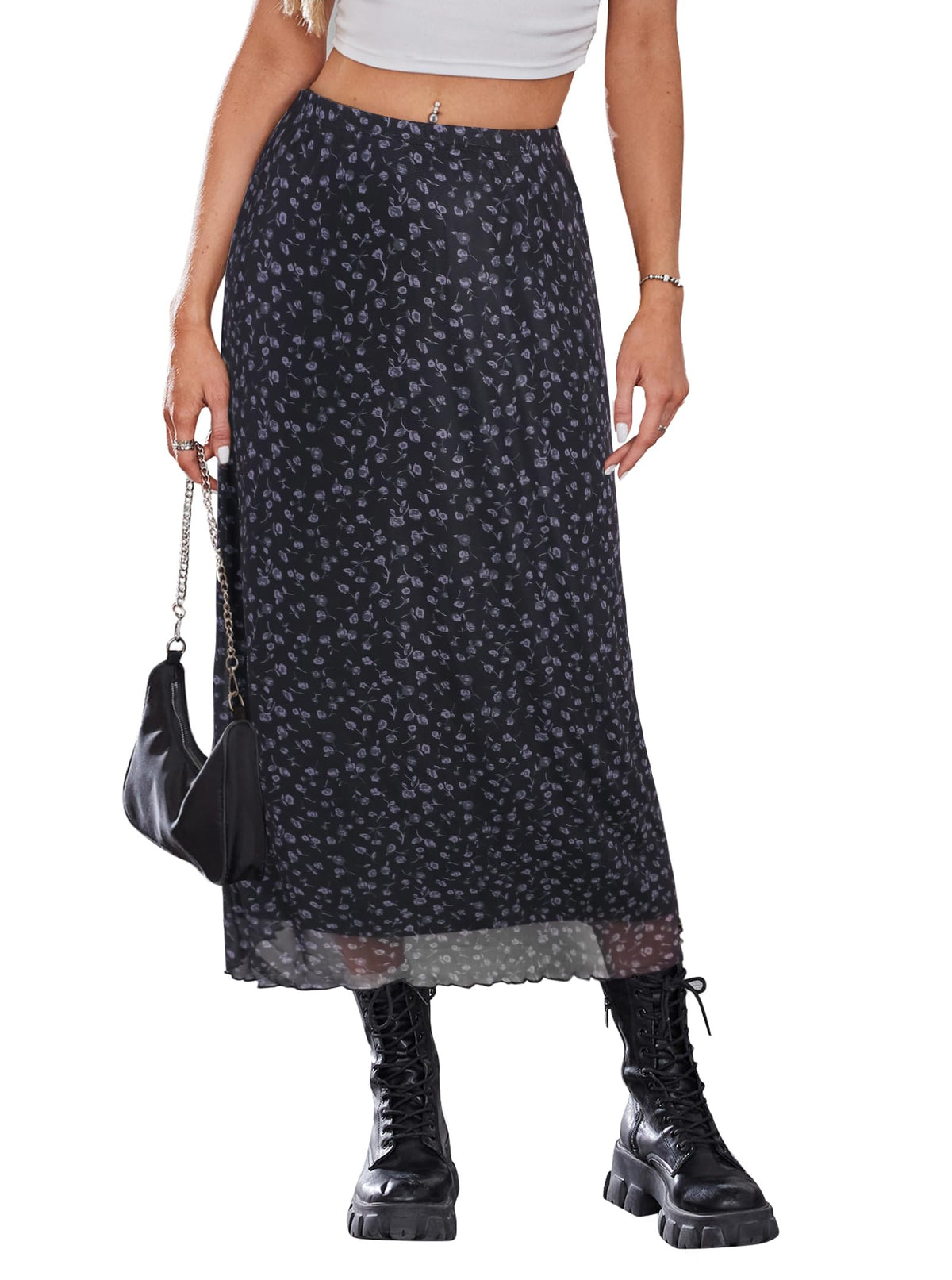SOFIA'S CHOICE Midi Skirts for Women Elastic High Waisted A Line Flowy Floral Skirt