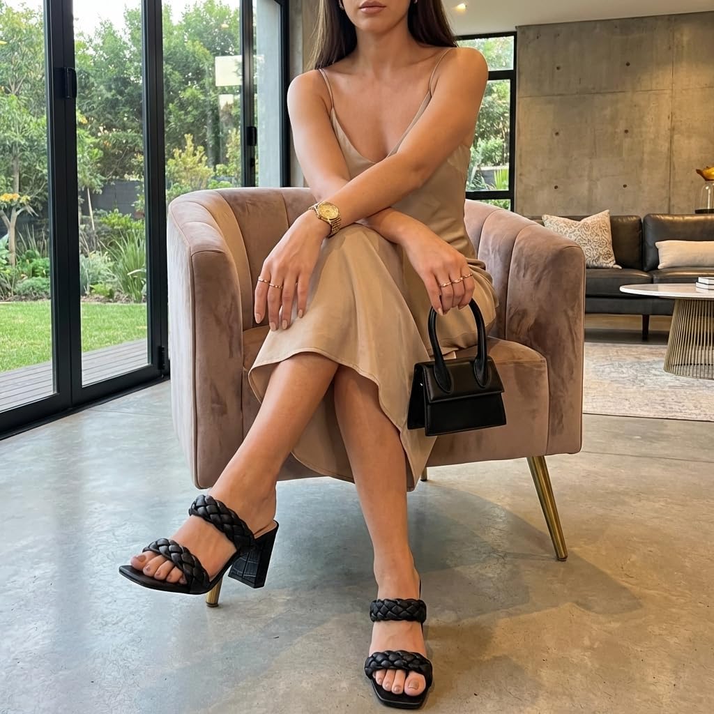 CUSHIONAIRE Irine Chunky Heels for Women, Braided Block Heel Sandals with Square Toe and Memory Foam
