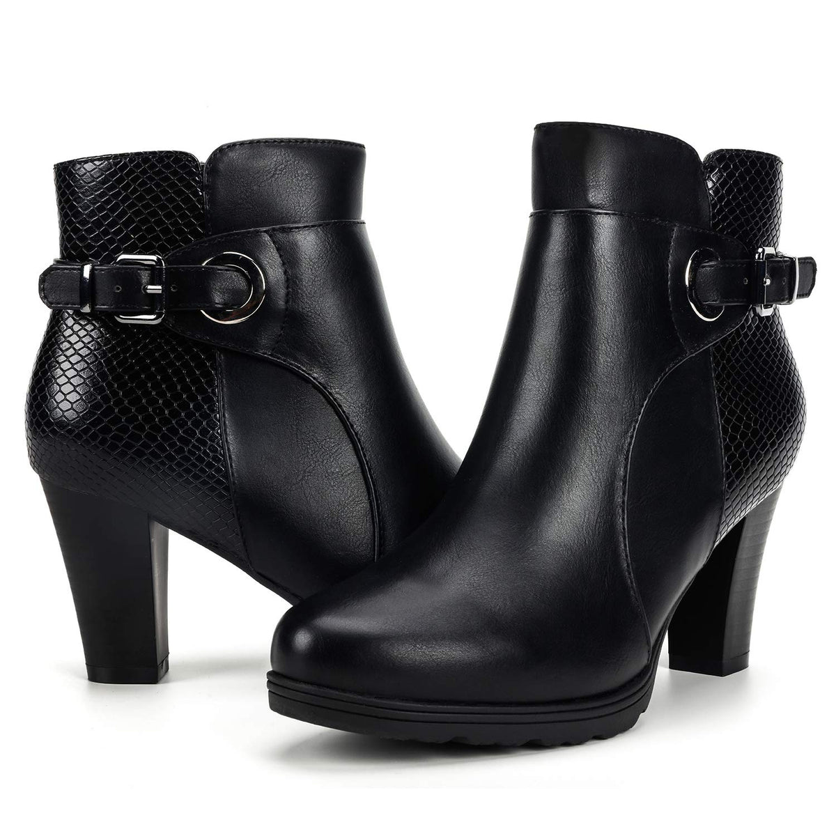 mysoft Women's Chunky Stacked Heel Ankle Boots Zipper Buckle Booties