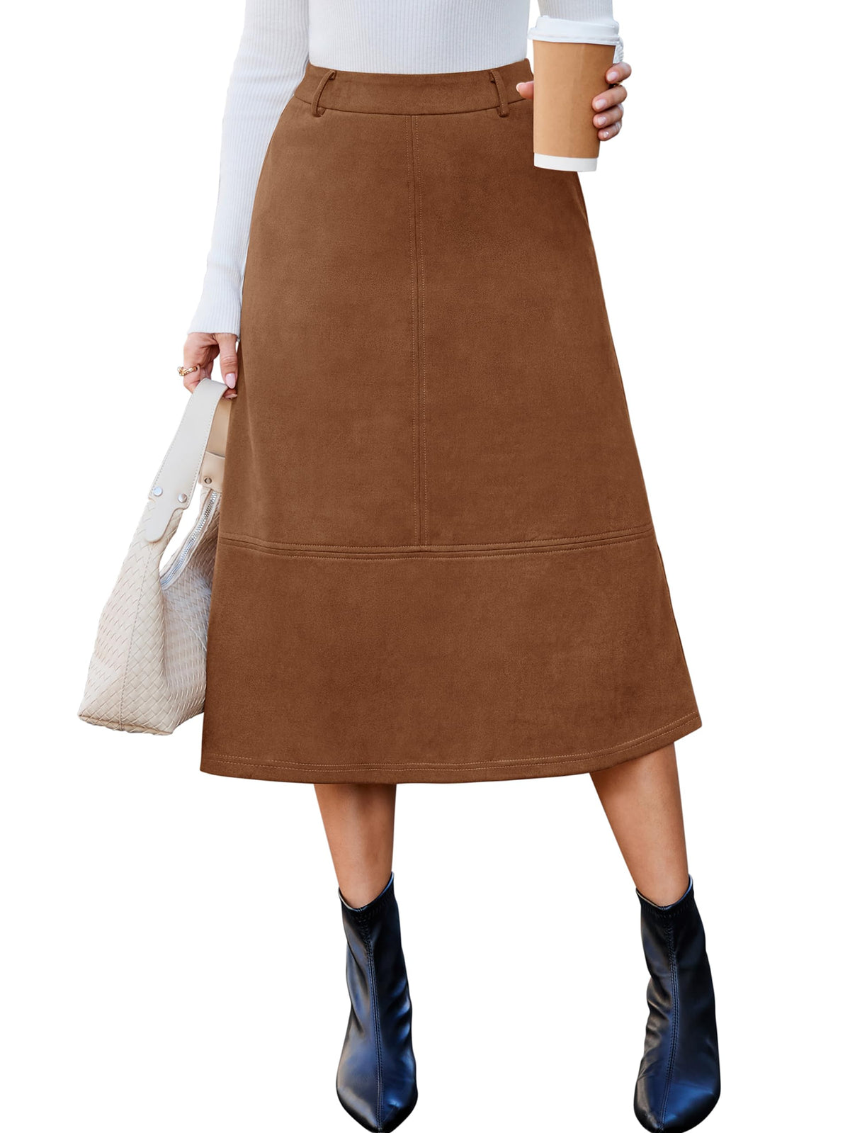 Simplee Womens Faux Suede Midi Skirts 2026 Fall Outfits Long A Line Skirt