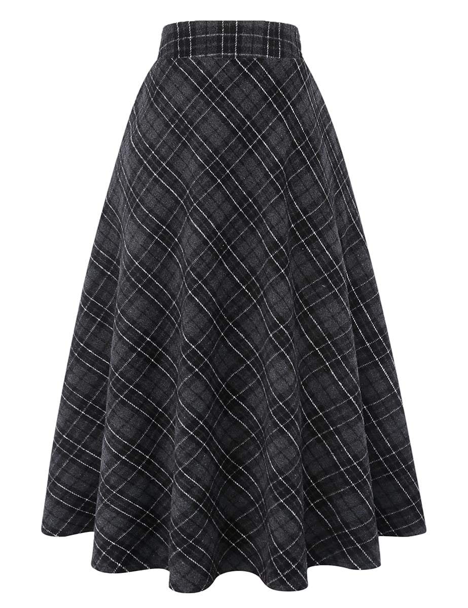IDEALSANXUN Womens Plaid Wool Skirts Elastic Waist A-Line Pleated Tartan Long Skirts