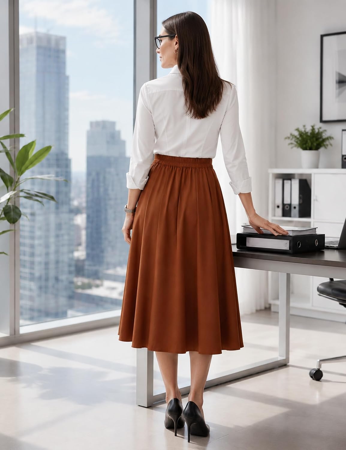 Dressystar Pleated Midi Skirts for Women Business Work with Pockets