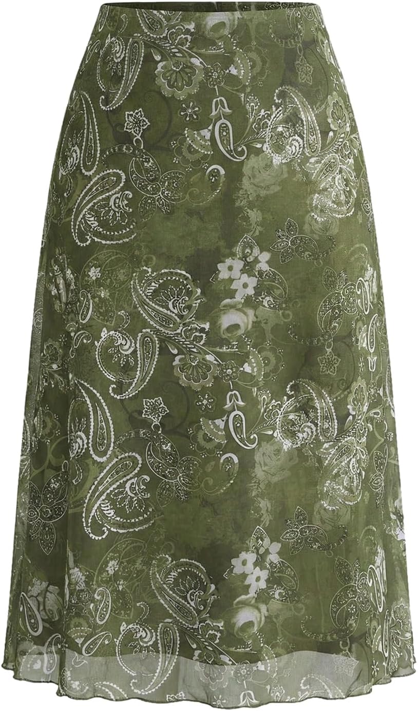 SOLY HUX Women's Plus Size Floral Mesh Midi Skirt A Line Flowy Skirts