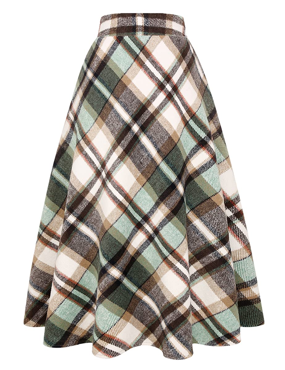 IDEALSANXUN Womens Plaid Wool Skirts Elastic Waist A-Line Pleated Tartan Long Skirts