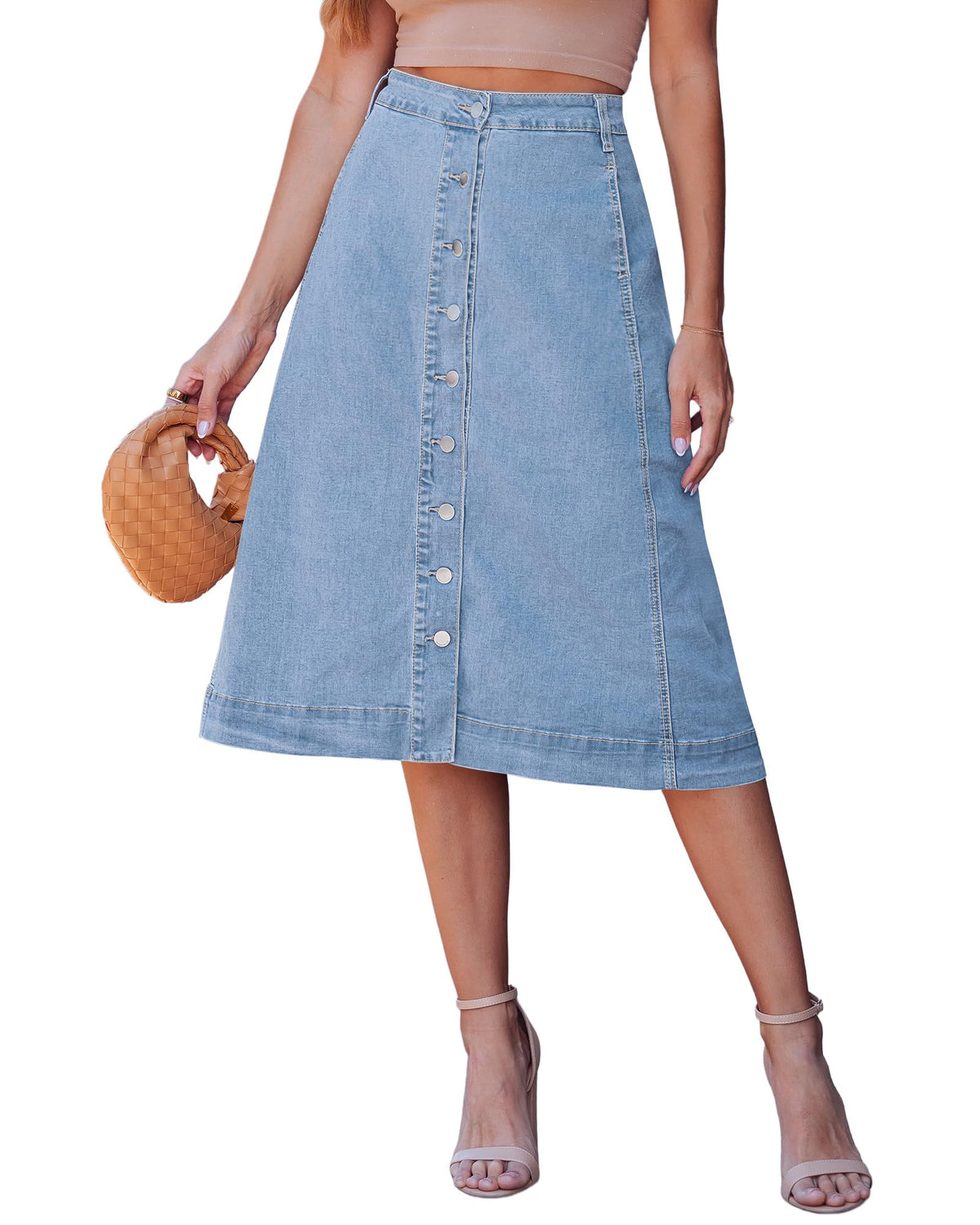 luvamia Jean Skirts for Women Trendy Midi Length A Line Western Casual Button Down Stretchy Denim Skirt with Pockets