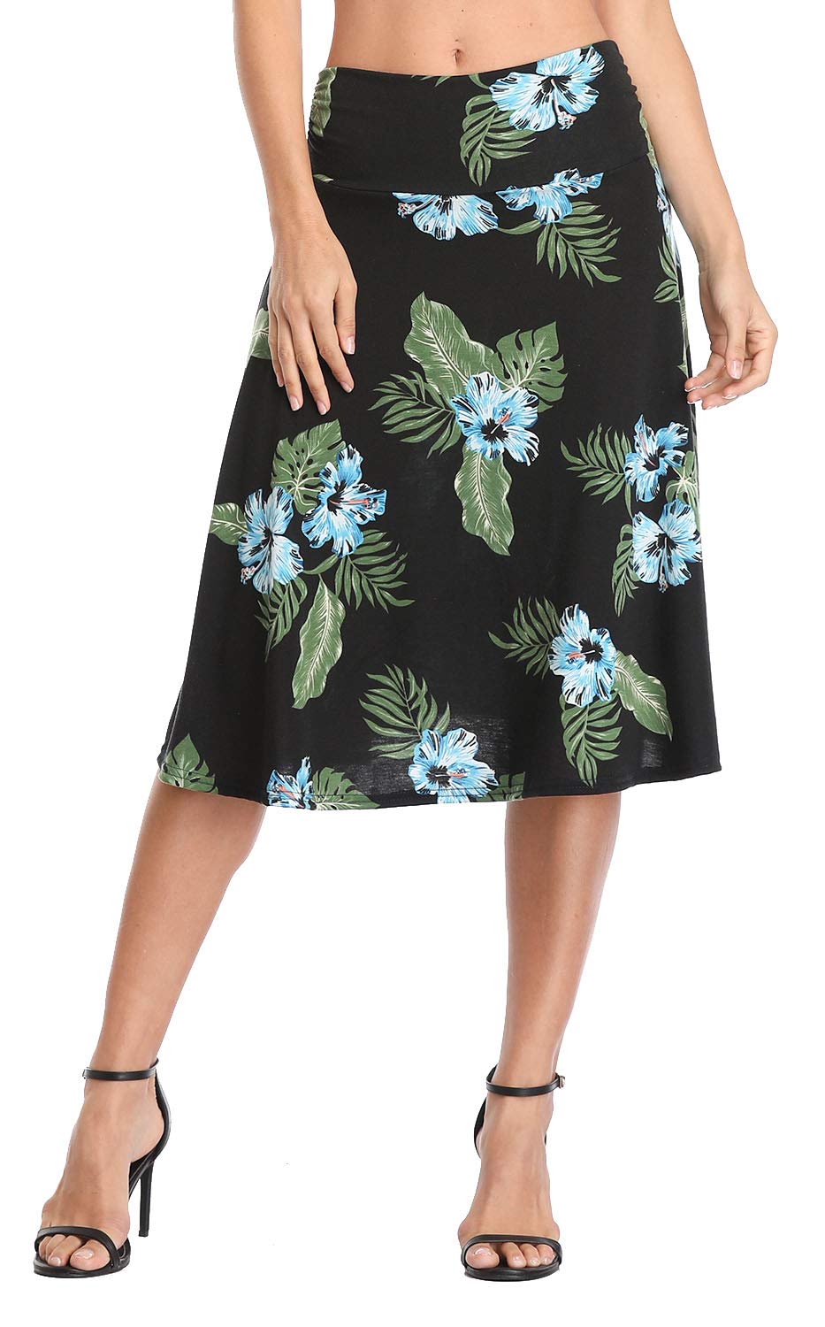 Urban CoCo Women's Ruched High Waist Knee Length Jersey A-Line Stretchy Flared Casual Skirt