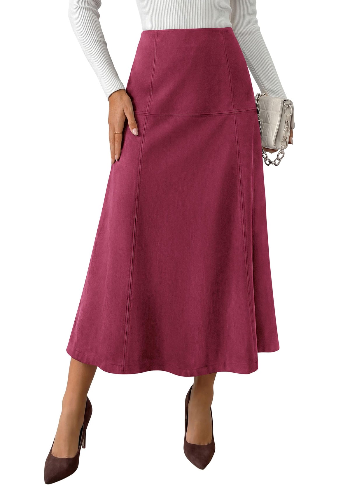 PRETTYGARDEN Womens High Waist Faux Suede A Line Midi Skirt