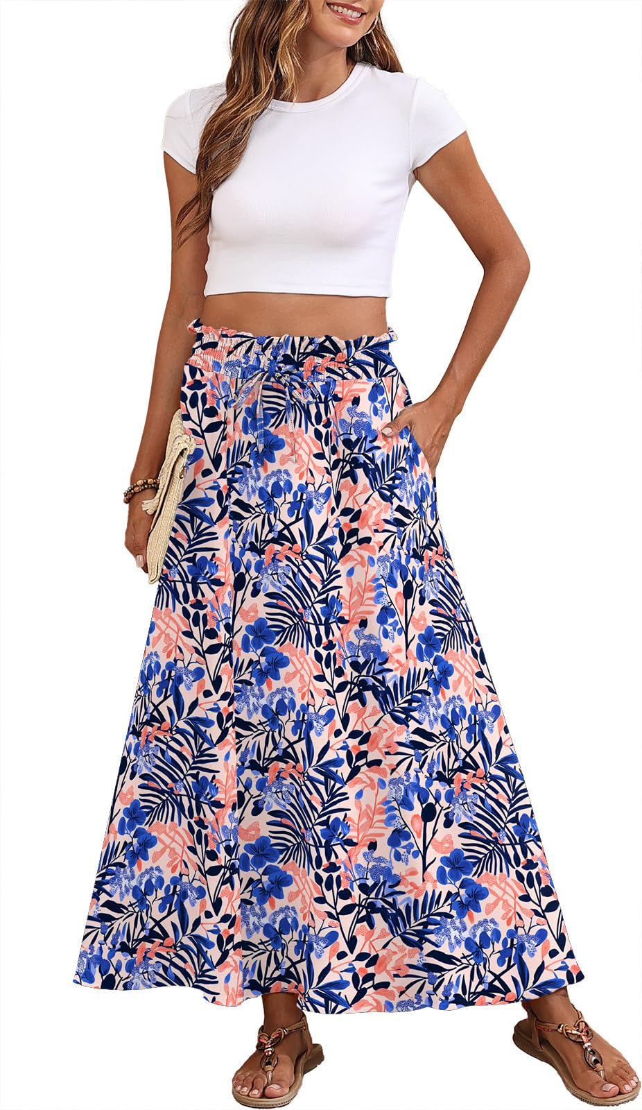 Askyes Womens Maxi Skirt Summer Tie Knot Elastic High Waisted Boho Casual Beach Flowy Swing Long Skirts with Pockets