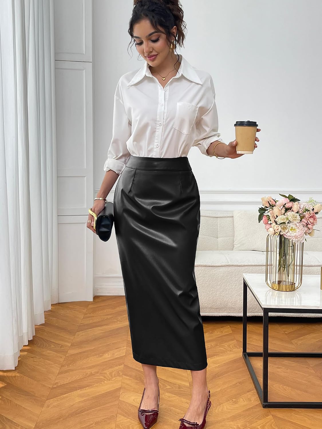 ELLEVEN Stretch Pencil Leather Midi Skirt with Pockets