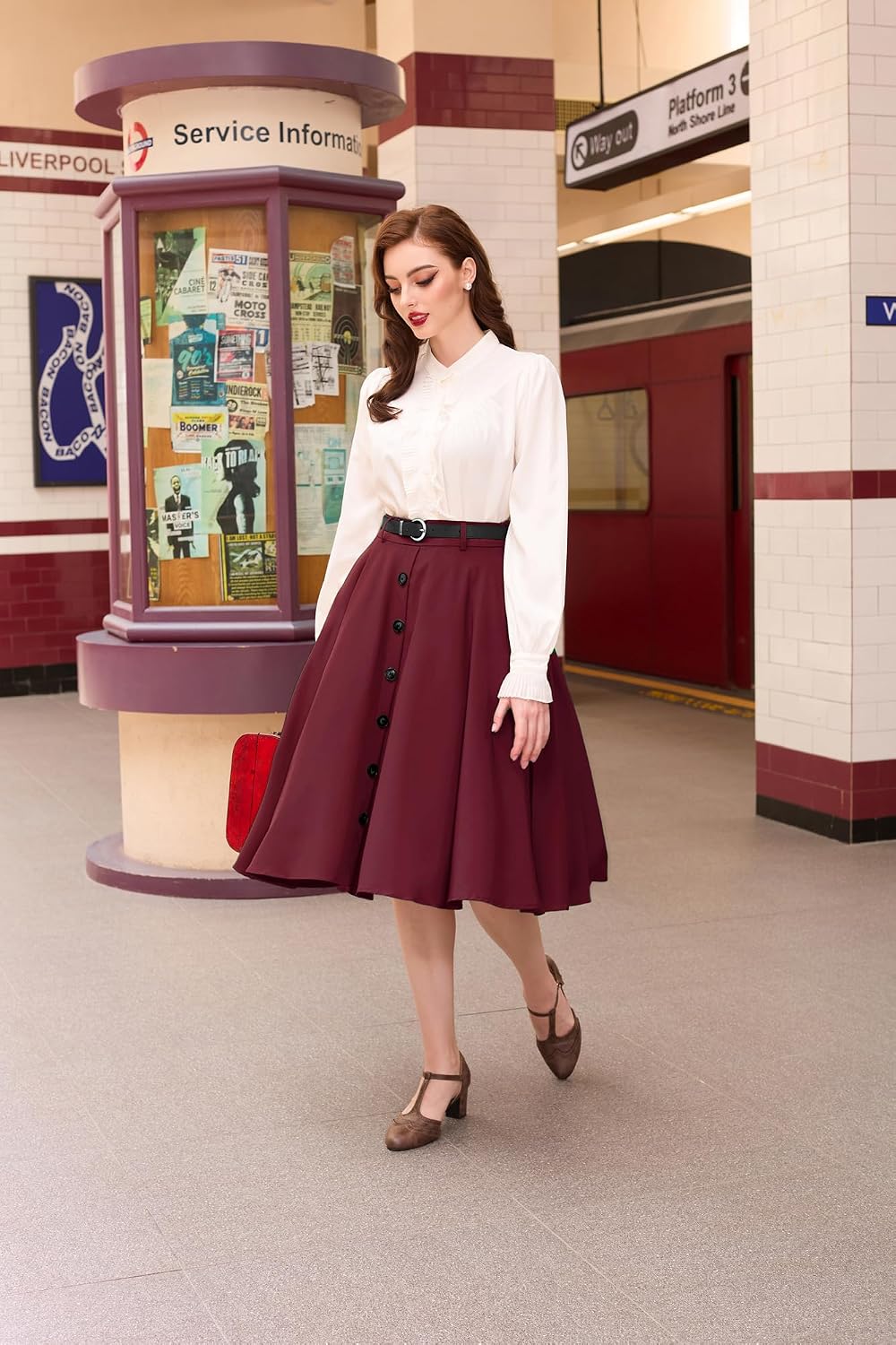 Belle Poque Women's Vintage Stretch High Waist A-Line Flared Midi Skirts with Pockets & Belts