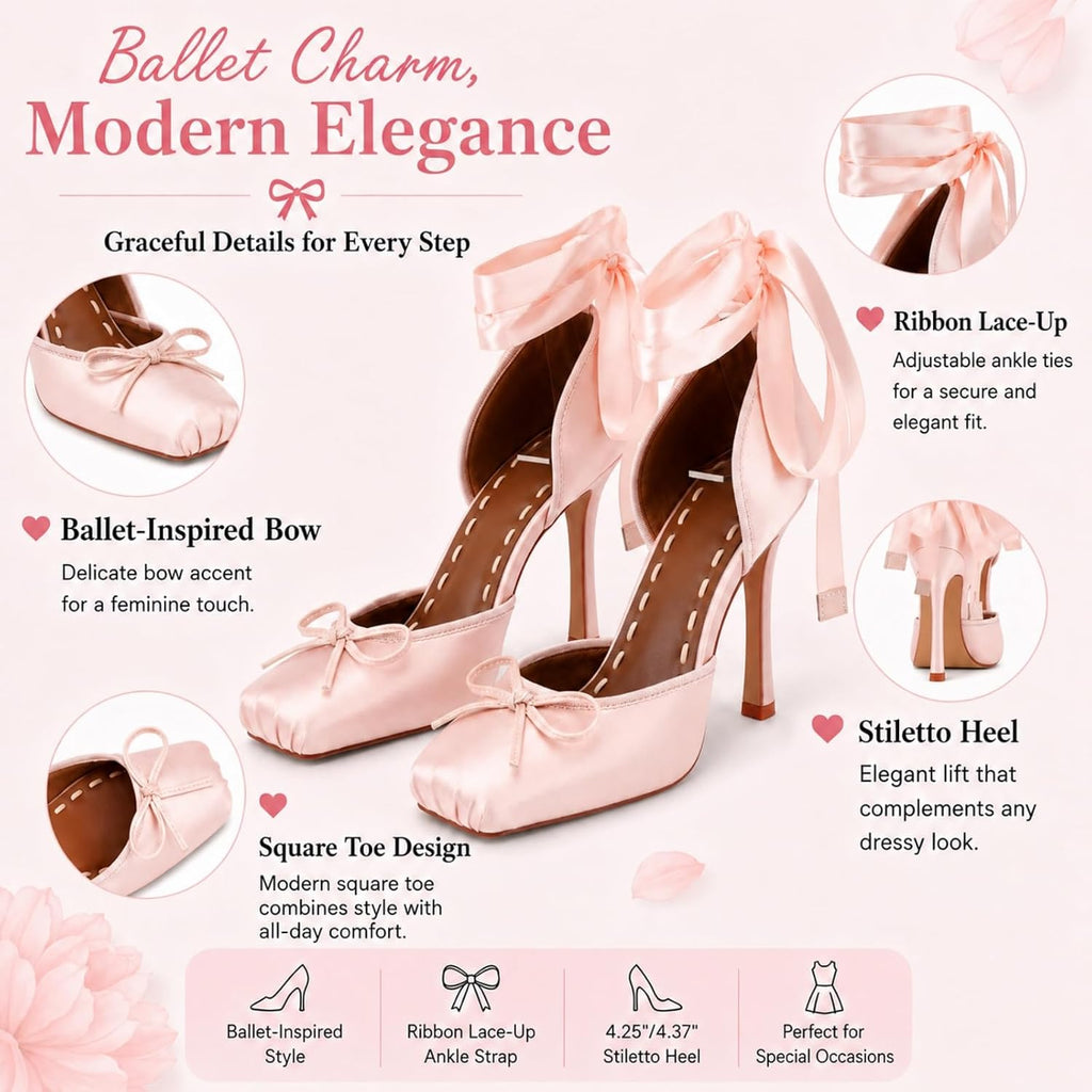 Women's Satin Ballet Heels, Lace-Up Square Toe Stiletto Pumps