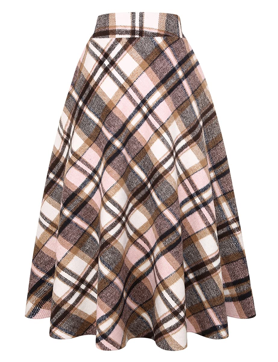 IDEALSANXUN Womens Plaid Wool Skirts Elastic Waist A-Line Pleated Tartan Long Skirts