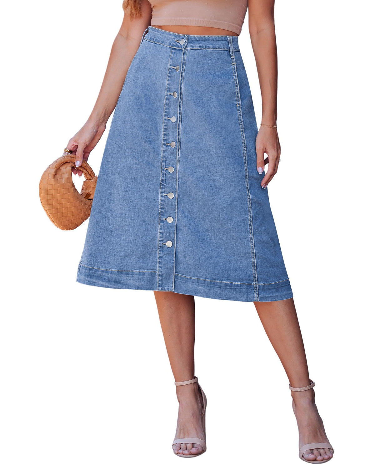 luvamia Jean Skirts for Women Trendy Midi Length A Line Western Casual Button Down Stretchy Denim Skirt with Pockets