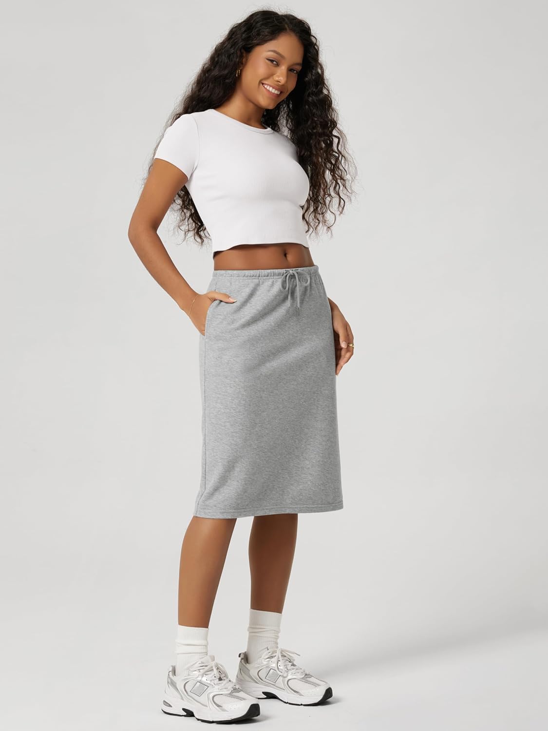ODODOS Women's Back Split Knee Length Skirt - Cotton French Terry Drawstring Tie High Waist Casual Skirts with Pockets