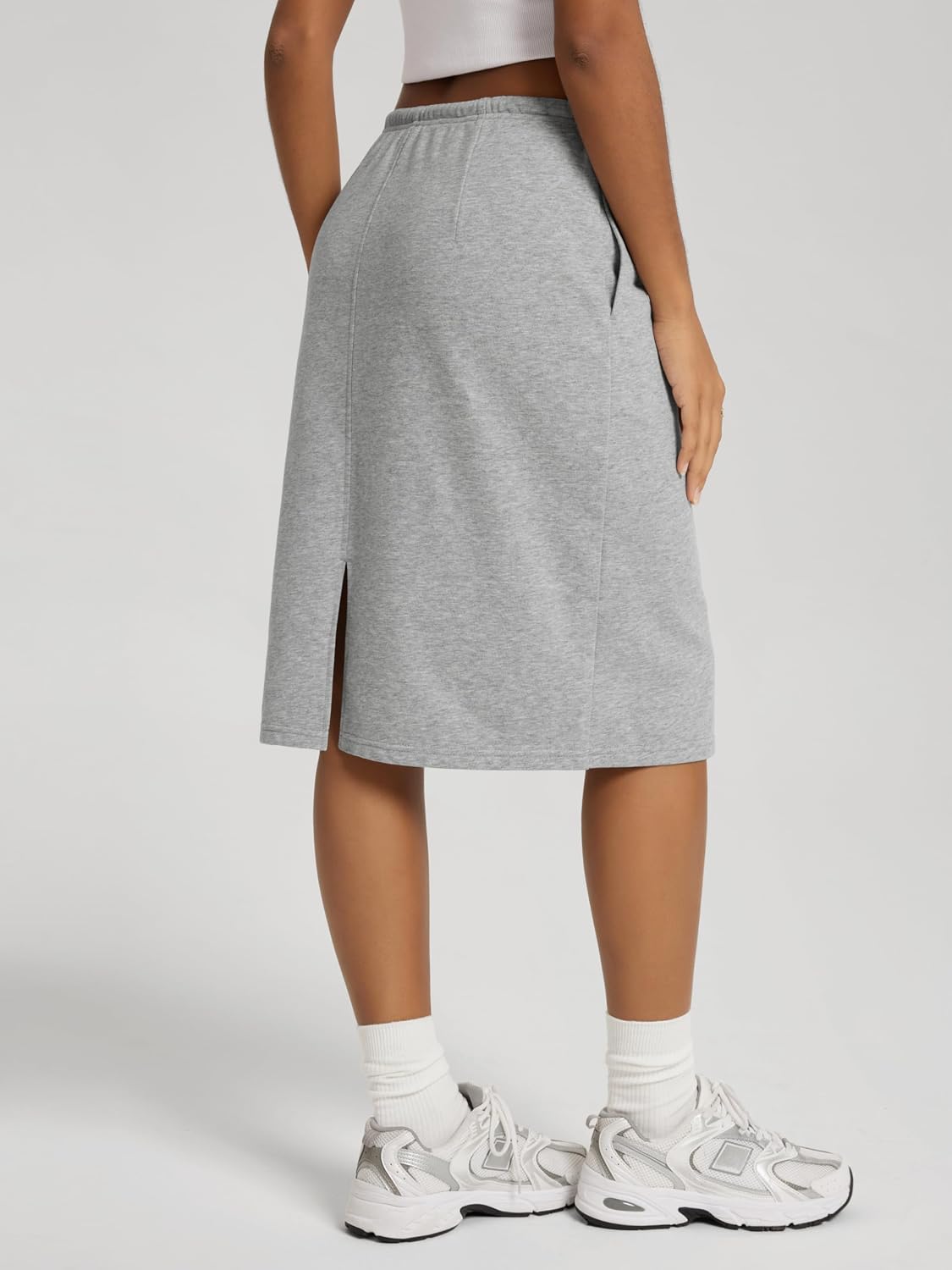 ODODOS Women's Back Split Knee Length Skirt - Cotton French Terry Drawstring Tie High Waist Casual Skirts with Pockets