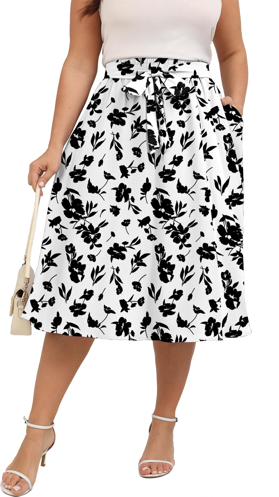 Xpenyo Womens Plus Size Midi Skirts Summer Elastic High Waisted Boho Casual Beach Flowy Swing Knee Length Skirts with Pockets
