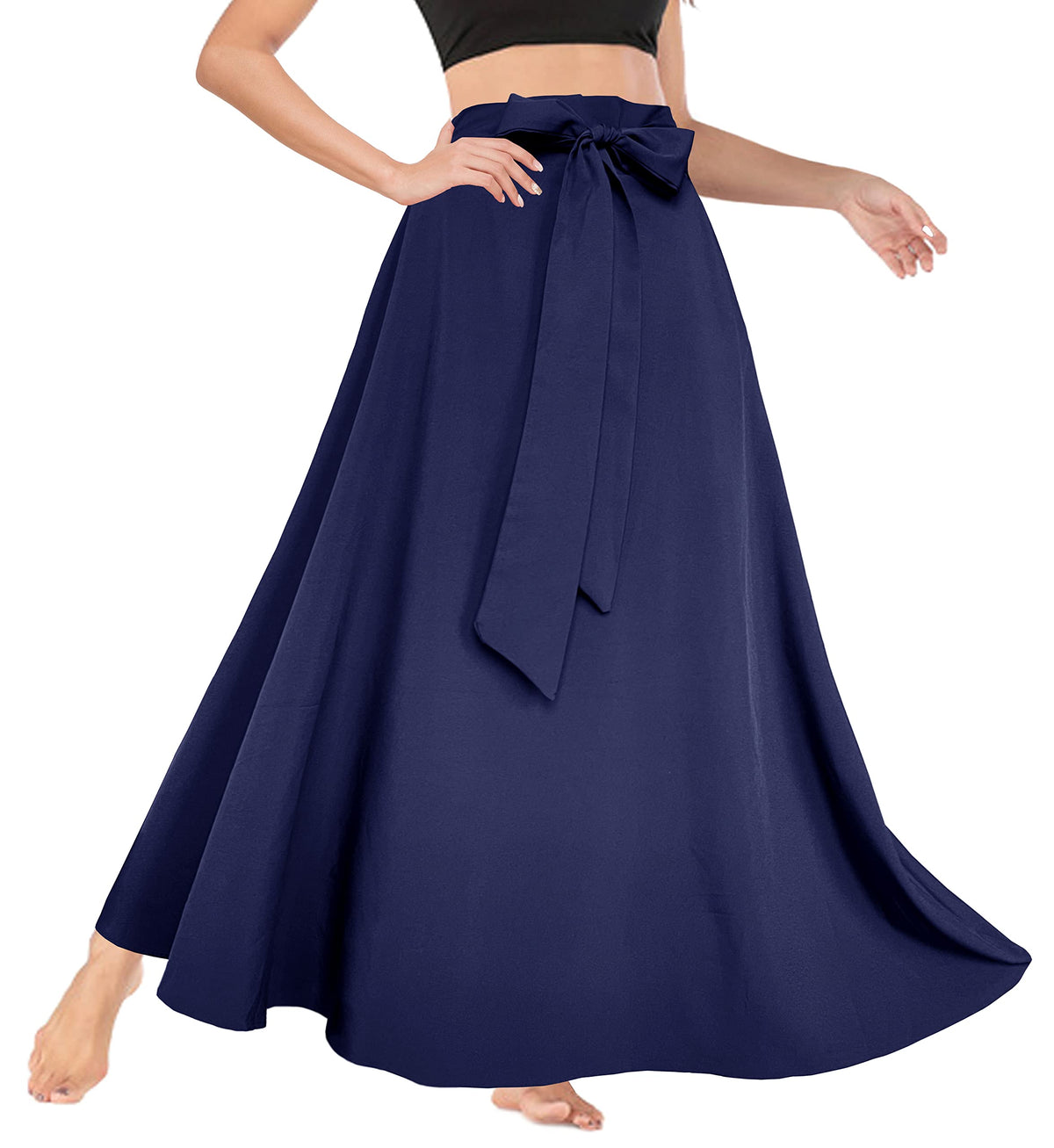 Afibi Women's High Waist Skirt Tie Front A-Line Flowy Long Maxi Skirts with Pockets