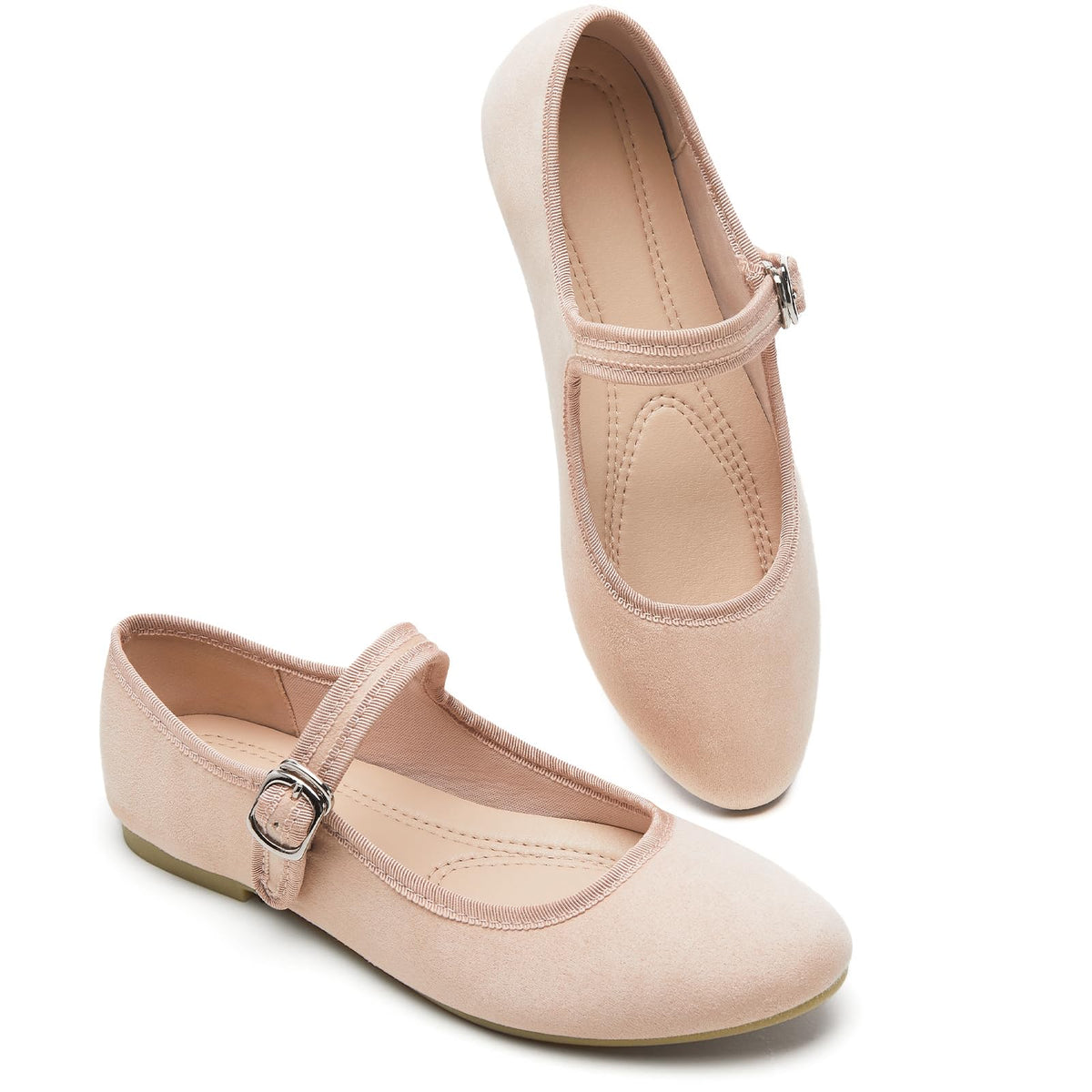 Womens Mary Jane Flats with strap,Faux Suede Black Flats,Casual Dressy Flat