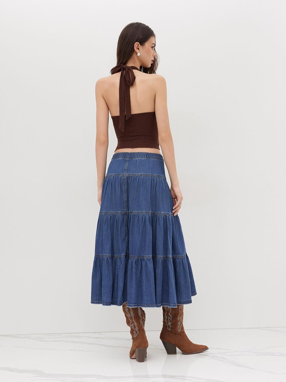 CIDER Womens Jean Long Skirts Tiered Denim High Elastic Waisted Western Cowgirl Midi Skirts
