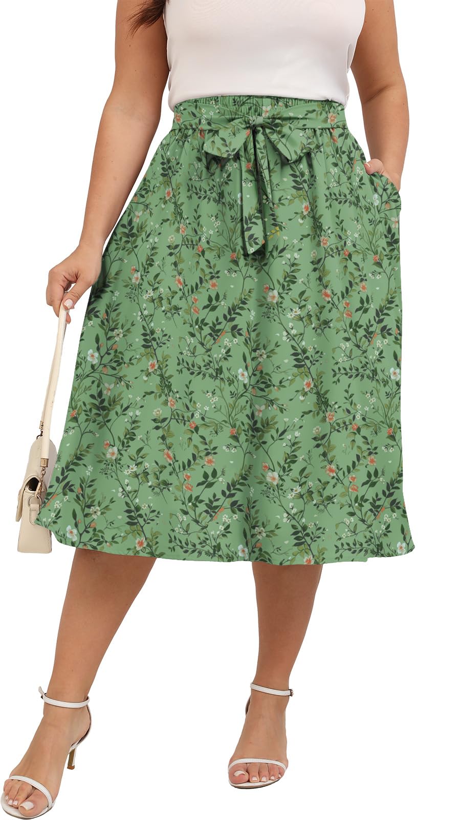 Xpenyo Womens Plus Size Midi Skirts Summer Elastic High Waisted Boho Casual Beach Flowy Swing Knee Length Skirts with Pockets