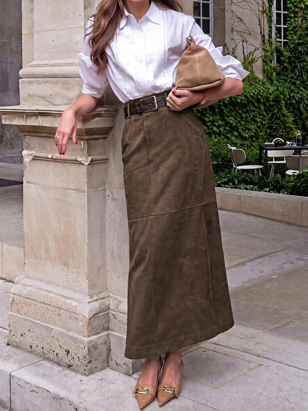 Cicy Bell Womens Suede Maxi Skirt High Waisted Slit Patchwork Pencil Skirts