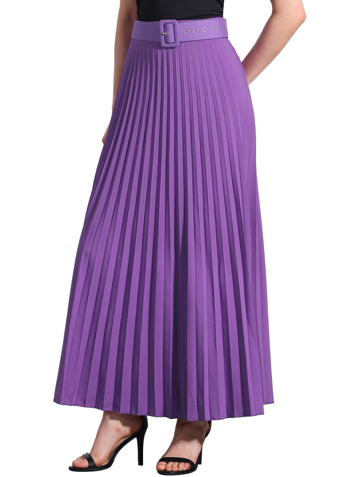 Allegra K Women High Waist Elastic Flowy A-Line Maxi Pleated Skirt