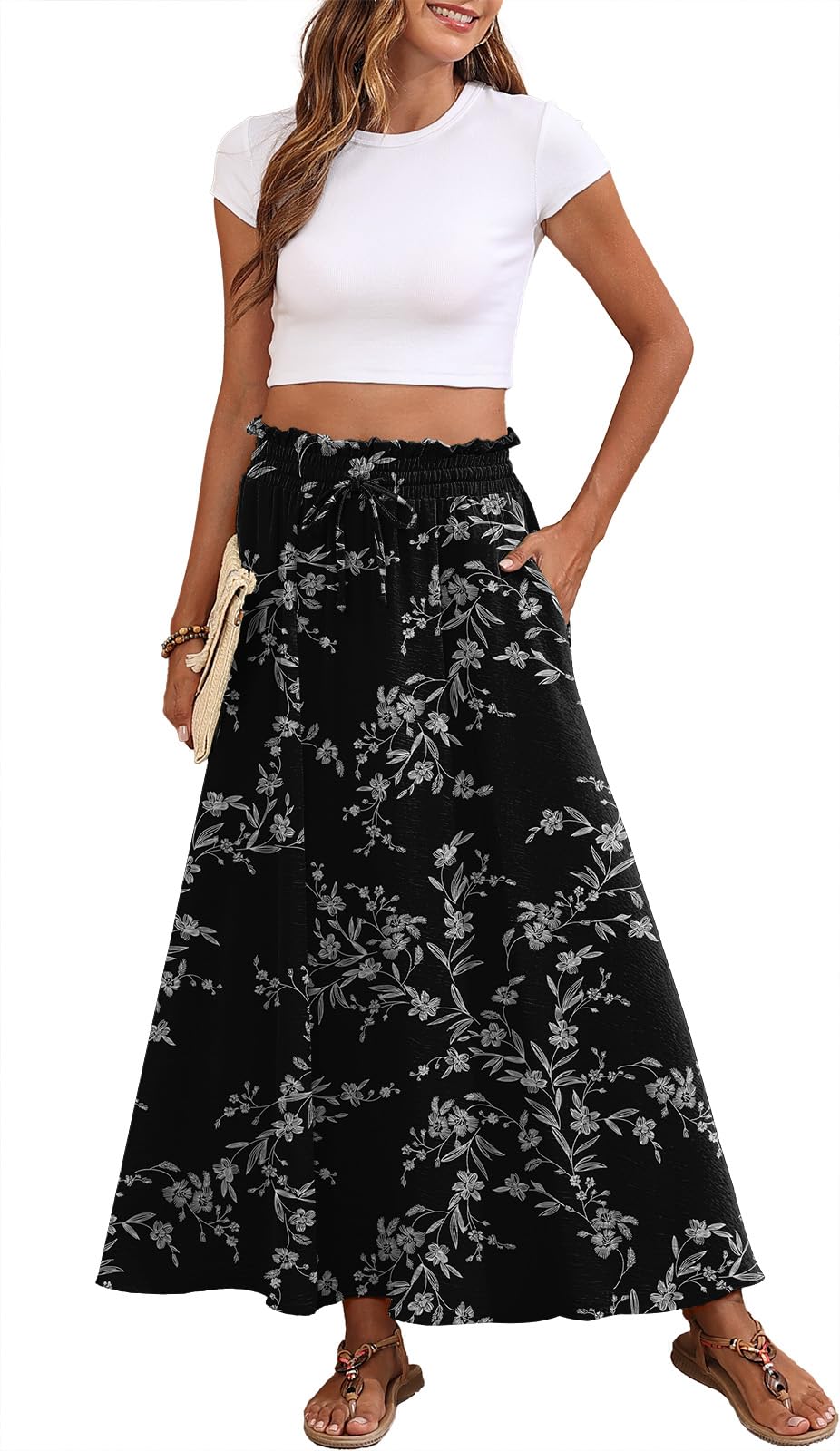 Askyes Womens Maxi Skirt Summer Tie Knot Elastic High Waisted Boho Casual Beach Flowy Swing Long Skirts with Pockets
